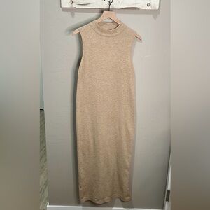 Mango MNG Dress Knit Sweater Beige Tan Sleeveless Mock Neck Sheath Side Split